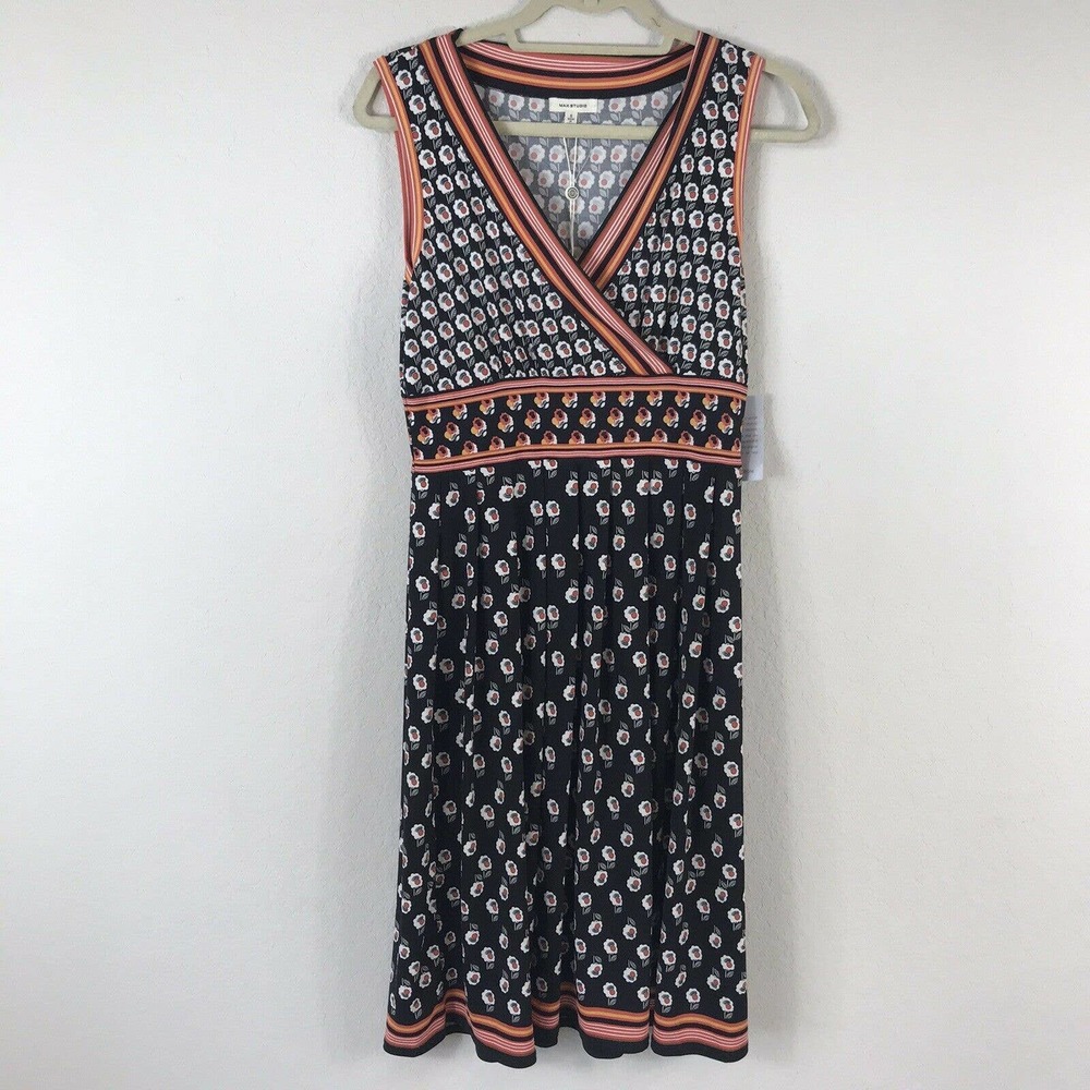Max Studio Black and Orange Sleeveless Wrap Midi Dress